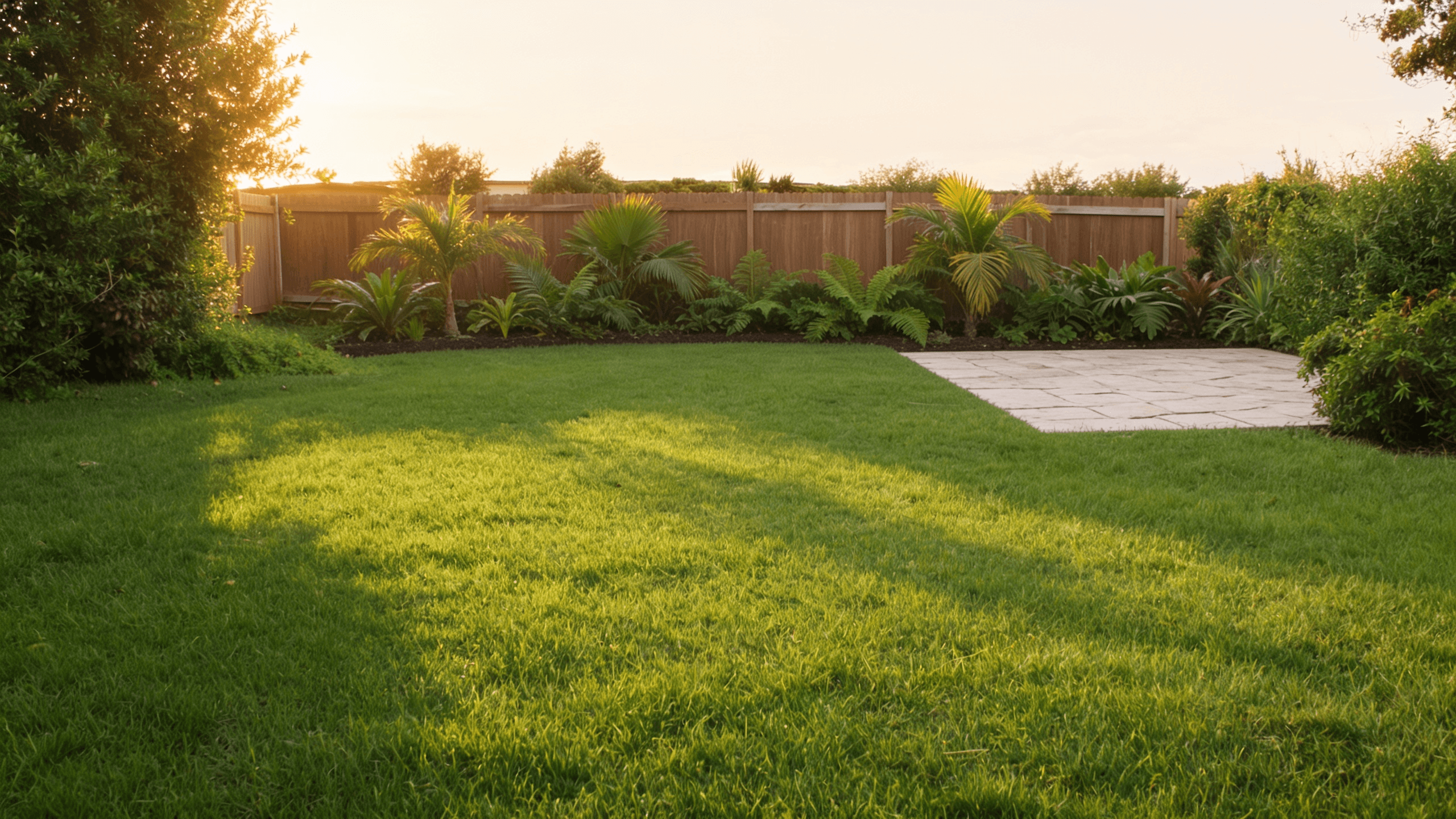The same backyard after renovation — full green lawn, defined planting beds, and a clean paver path